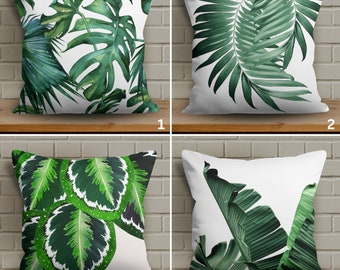 Green Tropical Leaves Pillow Cover with Soft Fabric, Vivid Color Leaf Cushion Case, Exotic Leafy Cushion Cover, Botanical Leaf Print Pillow