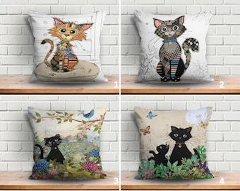 Cute Cat Pillow Cover, Black Cat Cushion Case, Animal Lover Throw Cover, Gift for Cat Mom, Decorative Kitty Pillow