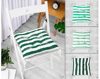 Green Striped Puffy Chair Pad, Green Fluffy Chair Cushion, Green Lined Chair Cushion, Green Decor Chair Cushion, Green Outdoor Chair Pad