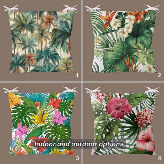 Green Leaf Chair Cushion, Puffy Indoor Outdoor Seat Pad, Tropical Leaf  Cushion with Ties, Porch or Stool Chair Pillow - Main Image