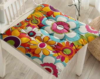 Colorful Outdoor Seat Cushions, Colorful Flower Outdoor Chair Cushions With Ties, Floral Puffy Cushion, Flowered Chair Pads, Kitchen Chairs