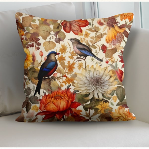Fall Bird and Dried Theme Pillow Cover,  Autumn Watercolor Pillowcase, Autumn Colors Cushion Case, Nature-Inspired Pillow, Seasonal Pillow
