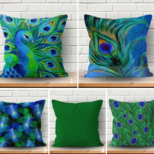 Peacock Cushion Case, Feather Pillow Cover, Modern Peacock Throw, Artistic Feather Decor, Colorful Couch Accent