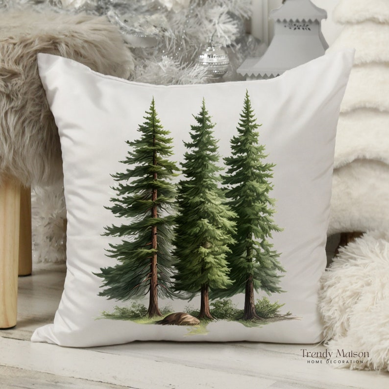 Watercolor Christmas Pine Tree Themed Pillow Cover, Cushion Case Artistic Pine Tree Delights, Festive Pillowcase Noel Watercolor Pine Tree 5