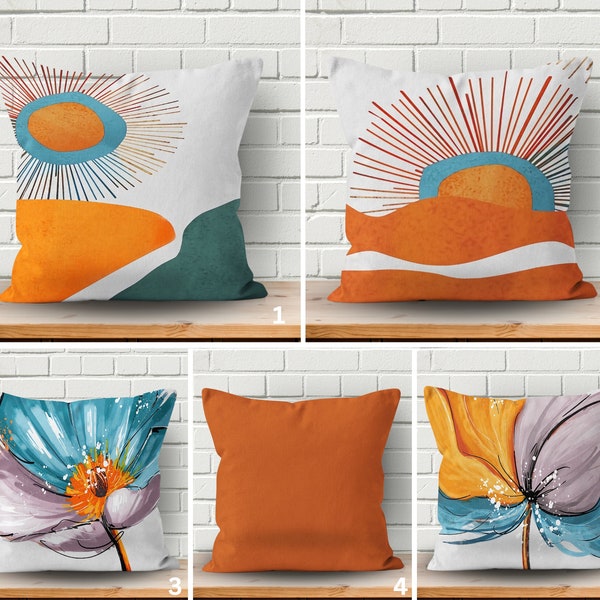 Abstract Sun Pillow Cover, Sun and Flower Cushion, Any Size Orange Blue Cushion Cover, Indigenous Decor, Home Textile Decor