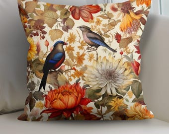 Fall Bird Pillow Cover, Watercolor Leaves, Cozy Seasonal Decor (Multiple Sizes)