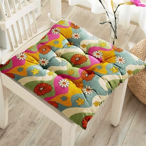 Puffy Chair Pad, Retro Seat Cushion, 70s Flower Chair Pillow, Indoor Outdoor Seat Pad, Tied Kitchen Chair Cushion