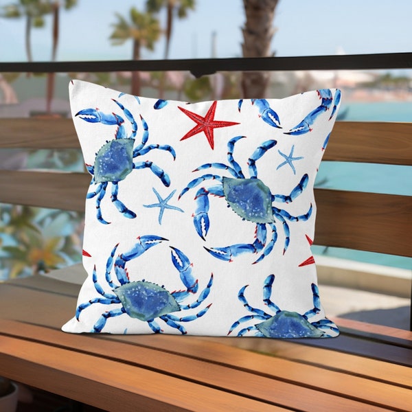 Crabs Print Outdoor Pillow Cover, Waterproof Lobster Themed Cushion Case, Oceanic Vibes Cushion Cover, Coastal Exterior Decor Accent