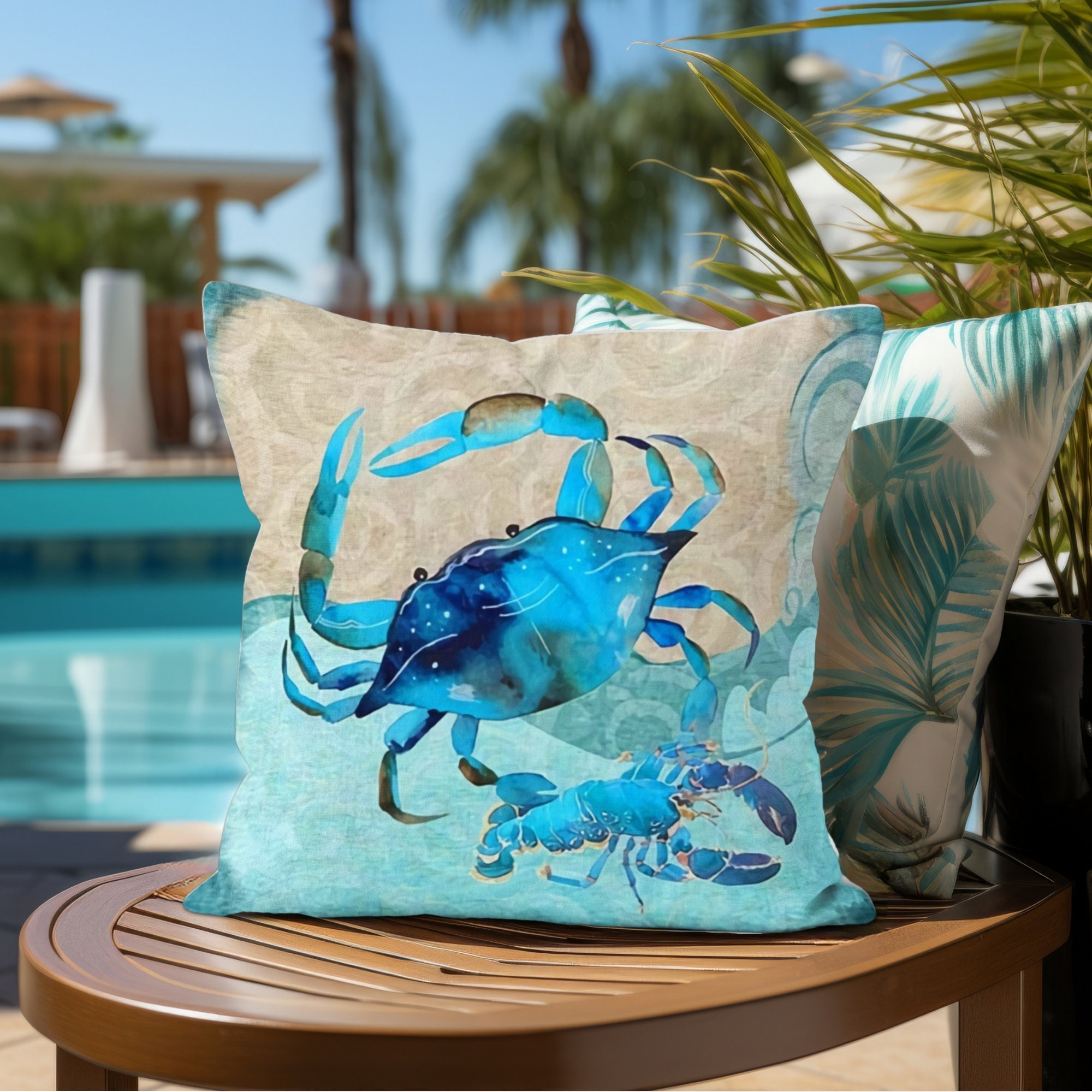 Blue Crab Lobster Print Outdoor Pillow Cover Waterproof Lobster Cushion Case Coastal Patio Accent Seaside Pillowcase Beachside Decor