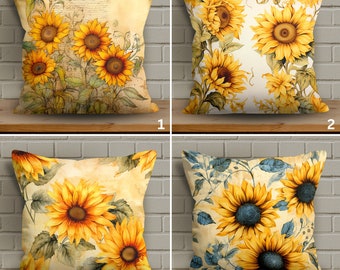 Vintage Sunflower Pillow Cover, Vivid Color Cushion, Antique Sunflower Design Throw Pillow, Soft Fabric Cushion Cover,