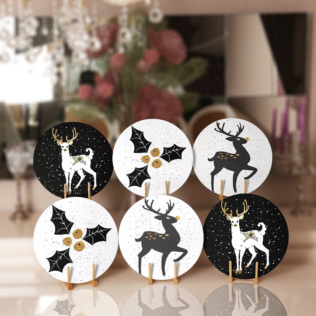 Black White Reindeer Placemats Set of 6 Stylish Christmas Etsy