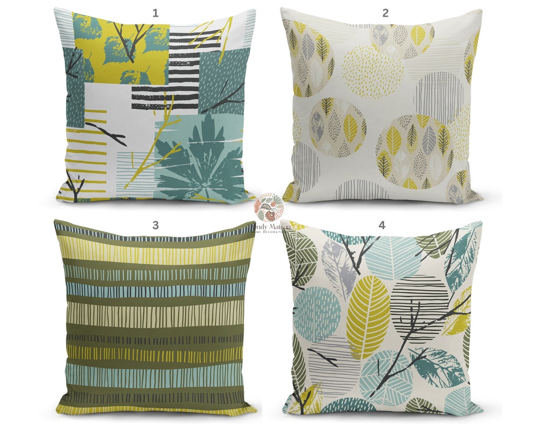 Green and Yellow Pillow Covers, Plant Patterned Pillows, Leaf Designed