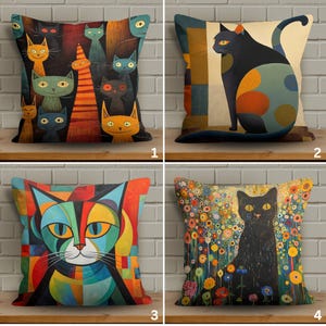 Taie d'oreiller, taie d'oreiller à imprimé chat, housse de coussin chat de style cubisme, taie de coussin chat abstrait, tissu doux, couleurs vives, oreillers chat noir