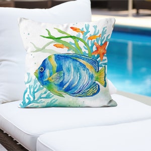 Watercolor Fish Themed Outdoor Pillow Cover, Ocean Life Pillowcase, Vivid Color Marine Cushion Case, Water Resistant Sea Life Cushion Cover