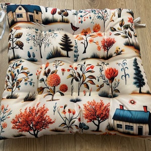 Village Designed Outdoor Chair Cushions, Spring Themed Chair Cushions With Ties, Tree Themed Outdoor Stool Cushions, Leaf Decor Chair Pads image 6