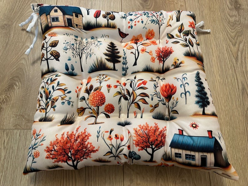 Village Designed Outdoor Chair Cushions, Spring Themed Chair Cushions With Ties, Tree Themed Outdoor Stool Cushions, Leaf Decor Chair Pads image 6