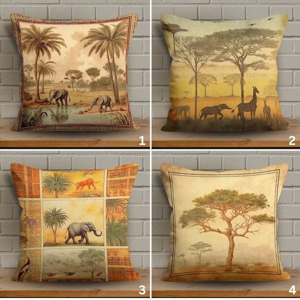 African Safari Pillow Cover with Soft Fabric , Vivid Color African Landscape Cushion, Elephant Theme Cushion Cover, African Wildlife Pillow