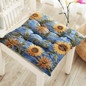Sun Flower Patterned Outdoor Chair Cushions With Ties, Fluffy Chair Cushions, Floral Puffy Cushion, Flowered Chair Pads, Kitchen chairs pad image 1