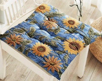 Sun Flower Patterned Outdoor Chair Cushions With Ties, Fluffy Chair Cushions, Floral Puffy Cushion, Flowered Chair Pads, Kitchen chairs pad