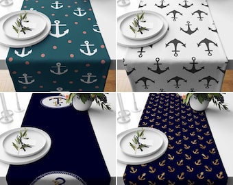 Anchor Print Table Runner Table Runner, Boat Anchor Pattern Dining Accent,   Navy Blue Anchor Linen, Nautical Anchor Table Decor