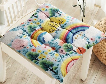 Rainbow Patterned Outdoor Chair Cushions With Ties, Fluffy Chair Cushions, Nursery Puffy Cushion, Chair Pads, Seat Cushions For Chair