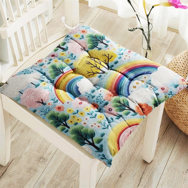 Rainbow Patterned Outdoor Chair Cushions With Ties, Fluffy Chair Cushions, Nursery Puffy Cushion, Chair Pads, Seat Cushions For Chair