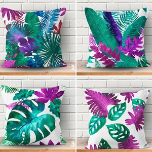 Colourful Leaves Cushion Cover, Purple Leaf Cushion, Tropical Themed Pillow Cover, Painted Cushion Case, Velvet Pillows, Bold Throw Cushion