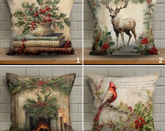 Vintage Design Reindeer Themed Christmas Pillow Cover, Vintage Inspire Winter Birds Cushion Case, Classic Holiday Pillowcase