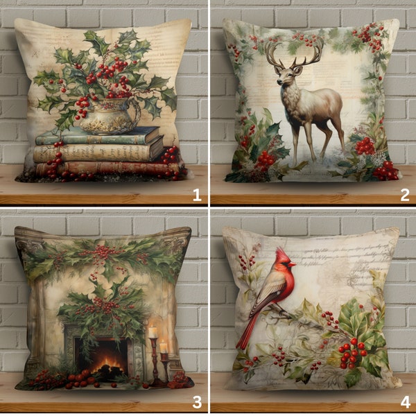 Vintage Design Reindeer Themed Christmas Pillow Cover, Vintage Inspire Winter Birds Cushion Case, Classic Holiday Pillowcase