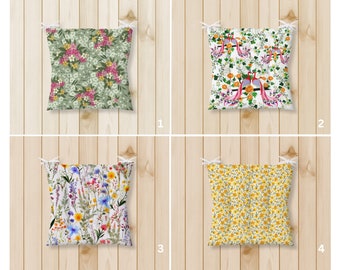 Outdoor Chair Cushions With Ties, Fluffy Chair Cushions, Floral Puffy Cushion, Flowered Chair Pads, Indoor Seat Pad, Kitchen Stool Pads