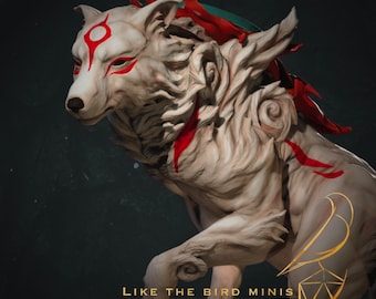 May include: A detailed sculpture of a white wolf with red markings around the eyes and on the body. The wolf has a stylized design with intricate fur details. The sculpture is set against a dark background, with the text "LIKE THE BIRD MINIS" at the bottom.