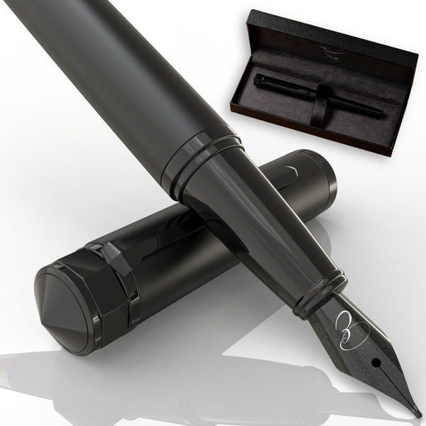Ellington Pens | Stealth Black | Luxury Fountain Pen | 3 Smooth Nib Size Options | Gift Box w/3 Ink Cartridges | Best Gift for Him or Her