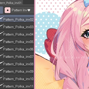 May include: A digital illustration of a pink-haired anime character with a blue and white shirt. The character has large eyes and a bright smile. The image is set against a background of pink and blue polka dots. The text "CLIP STUDIO PAINT" is visible in the upper right corner of the image.