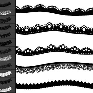 Peut inclure: Un ensemble de motifs de dentelle noire et blanche. Les motifs sont ondul&eacute;s et pr&eacute;sentent diff&eacute;rents motifs, notamment des cercles, des coquillages et des motifs floraux.