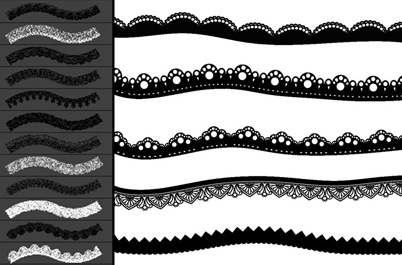 Peut inclure: Un ensemble de motifs de dentelle noire et blanche. Les motifs sont ondul&eacute;s et pr&eacute;sentent diff&eacute;rents motifs, notamment des cercles, des coquillages et des motifs floraux.