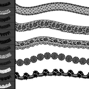 Peut inclure: Ensemble de 10 bordures de dentelle noires et blanches. Les bordures de dentelle sont ondul&eacute;es et pr&eacute;sentent diff&eacute;rents motifs, notamment des motifs floraux, g&eacute;om&eacute;triques et festonn&eacute;s.