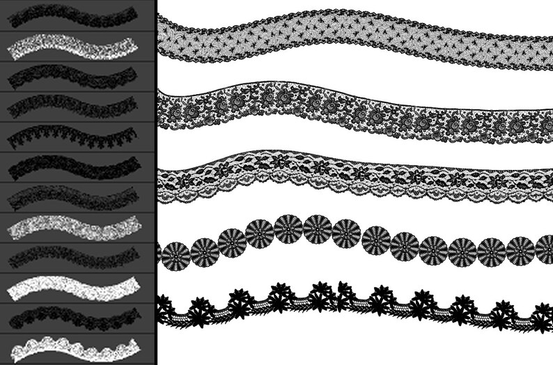Peut inclure: Ensemble de 10 bordures de dentelle noires et blanches. Les bordures de dentelle sont ondul&eacute;es et pr&eacute;sentent diff&eacute;rents motifs, notamment des motifs floraux, g&eacute;om&eacute;triques et festonn&eacute;s.