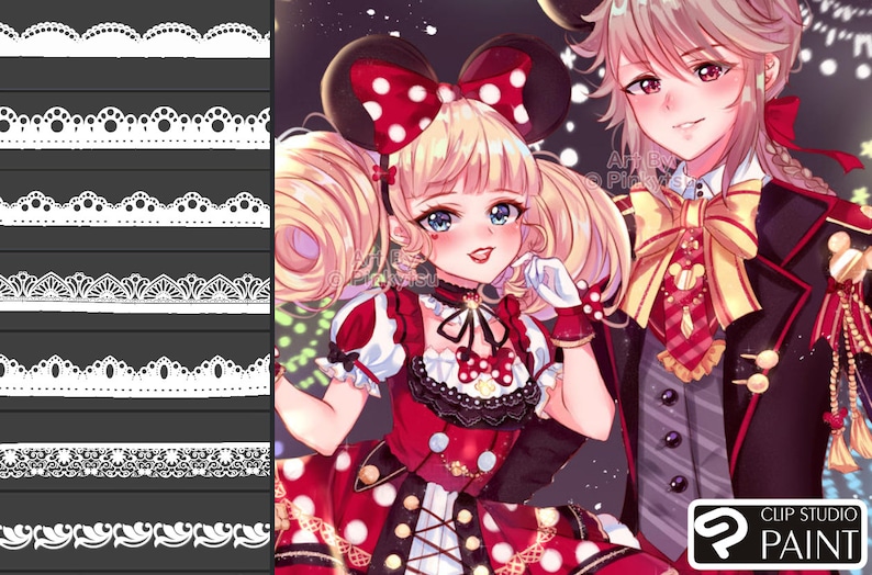 May include: A digital illustration of two anime characters dressed in red and black outfits with white polka dots. The female character has blonde hair with pigtails and wears a red bow with white polka dots. The male character has blonde hair and wears a red bow tie with a gold Mickey Mouse design. The background is black with white stars.