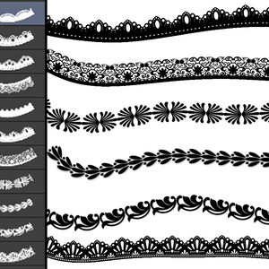 May include: A set of eight black and white decorative borders with various patterns, including floral, geometric, and lace designs. The borders are wavy and can be used for design projects.