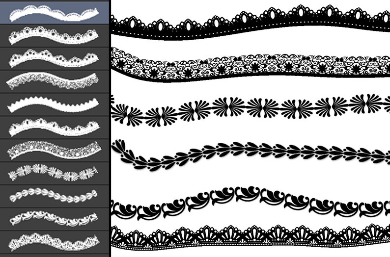 May include: A set of eight black and white decorative borders with various patterns, including floral, geometric, and lace designs. The borders are wavy and can be used for design projects.