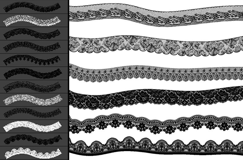 Peut inclure: Ensemble de dix motifs de dentelle noire et blanche. Les galons de dentelle sont ondul&eacute;s et pr&eacute;sentent diff&eacute;rents motifs.