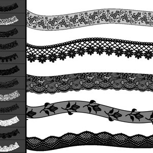 Peut inclure: Ensemble de dix motifs de dentelle noire et blanche. Les motifs sont tous ondul&eacute;s et pr&eacute;sentent des motifs diff&eacute;rents.
