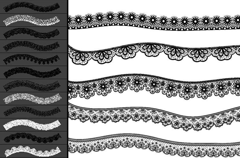 Peut inclure: Un ensemble de cinq motifs de dentelle noire et blanche. Les motifs de dentelle sont tous diff&eacute;rents et pr&eacute;sentent divers motifs, notamment des fleurs et des volutes.