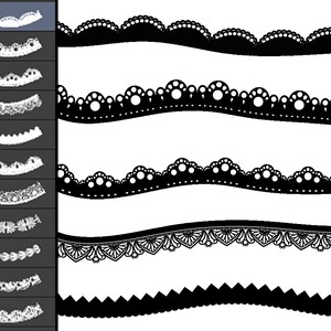 May include: A set of eight black and white lace trim designs. The designs are wavy and feature different patterns, including dots, scallops, and floral motifs.
