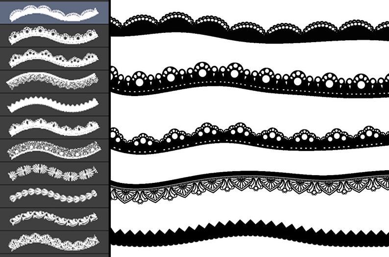 May include: A set of eight black and white lace trim designs. The designs are wavy and feature different patterns, including dots, scallops, and floral motifs.