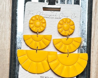 Polymer Clay Fan Earrings – Mustard Yellow Statement Dangles, Lightweight Hypoallergenic Nickel-Free, Handmade Modern Jewelry