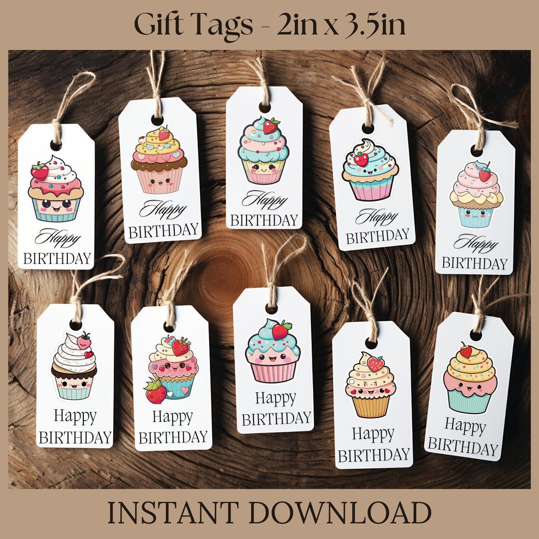 Whimsical Birthday Cupcake Gift Tags, Instant Download, Birthday Gift ...