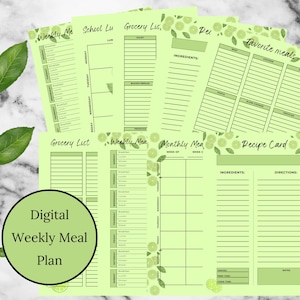 Lime Weekly Meal Planner Digital Download, Grocery List, Recipe Cards, Monthly Meal Planner