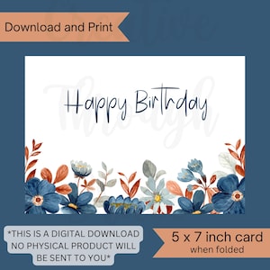 Druckbare digitale Geburtstagskarte mit Blumenmuster, sofortiger Download, Druck von zu Hause aus Karte, alles Gute zum Geburtstagkarte