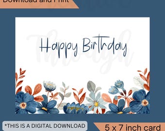 Verjaardagskaart met blauwe bloemen, afdrukbare 5 x 7 groet (digitale download)